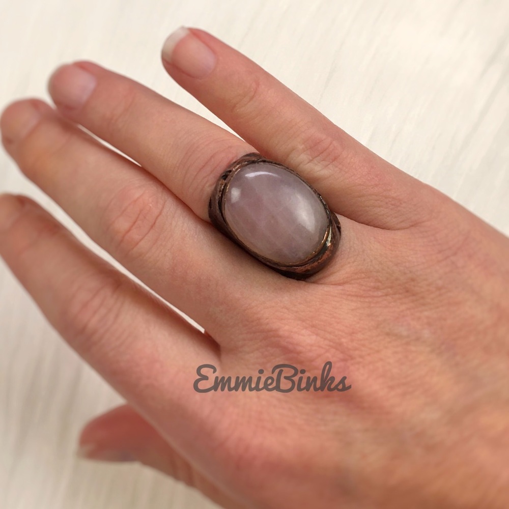 New Natural Rose Quartz & Textured Copper Statement Cocktail Ring